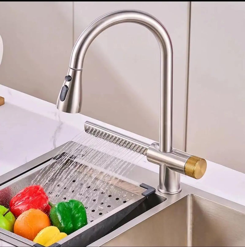 B BACKLINE Backline Brass Waterfall Kitchen Sink Hot & Cold Mixer Faucet 360° Rotatable Pull Out Kitchen Faucet Multi-Function Dual Spray Head Technology/Kitchen Sink Tap (Brushed Nickel) - Image 1