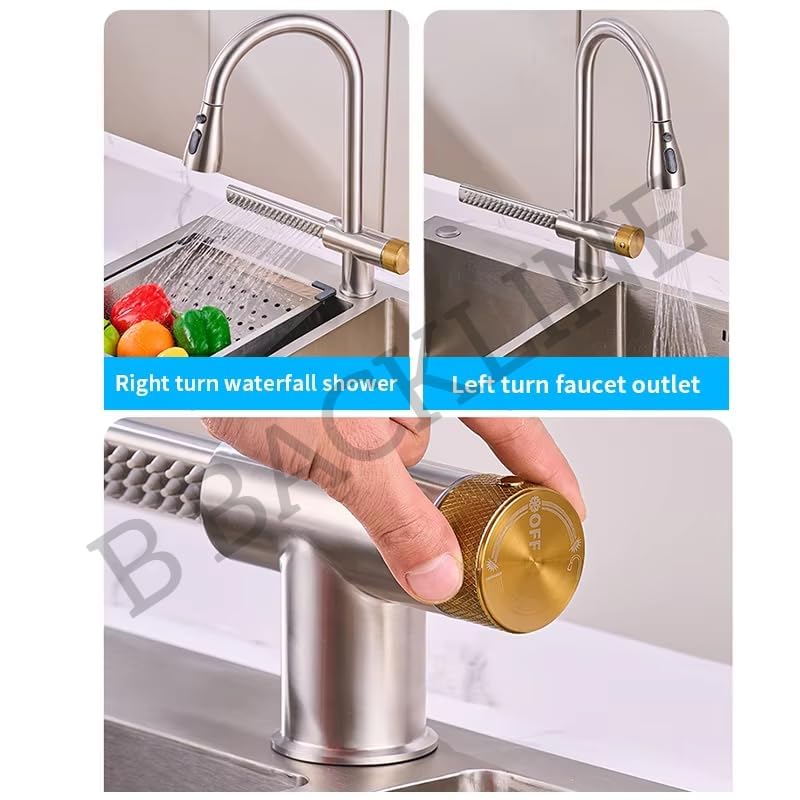 B BACKLINE Backline Brass Waterfall Kitchen Sink Hot & Cold Mixer Faucet 360° Rotatable Pull Out Kitchen Faucet Multi-Function Dual Spray Head Technology/Kitchen Sink Tap (Brushed Nickel) - Image 3