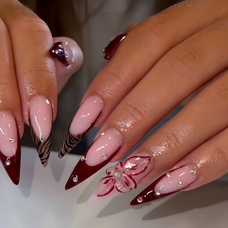 SEENEEY Long Press on Nails Stiletto Fake Nails French False Nails Brown Artificial Nails with Pink Flowers Designs Leopard Handmade Nails 3D Floral Stick on Nails for Women 24pcs - Image 1