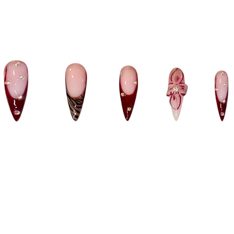 SEENEEY Long Press on Nails Stiletto Fake Nails French False Nails Brown Artificial Nails with Pink Flowers Designs Leopard Handmade Nails 3D Floral Stick on Nails for Women 24pcs - Image 2
