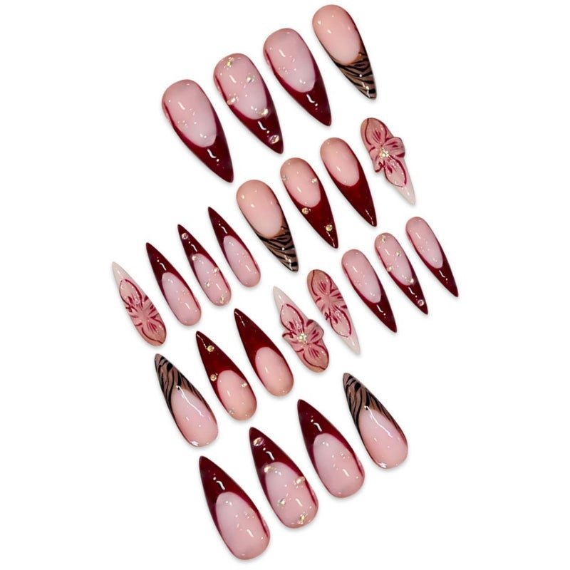 SEENEEY Long Press on Nails Stiletto Fake Nails French False Nails Brown Artificial Nails with Pink Flowers Designs Leopard Handmade Nails 3D Floral Stick on Nails for Women 24pcs - Image 4