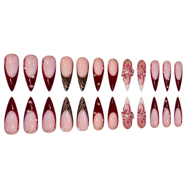 SEENEEY Long Press on Nails Stiletto Fake Nails French False Nails Brown Artificial Nails with Pink Flowers Designs Leopard Handmade Nails 3D Floral Stick on Nails for Women 24pcs - Image 3