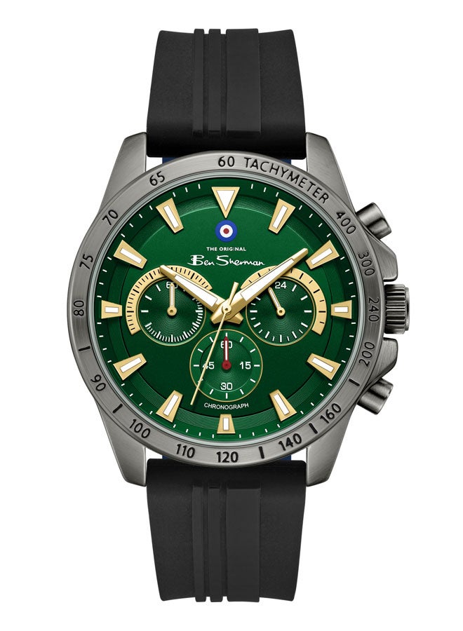Ben Sherman Liverpool  Green Dial Black Silicone Strap Chronograph Watch for Men, 44mm - Image 1