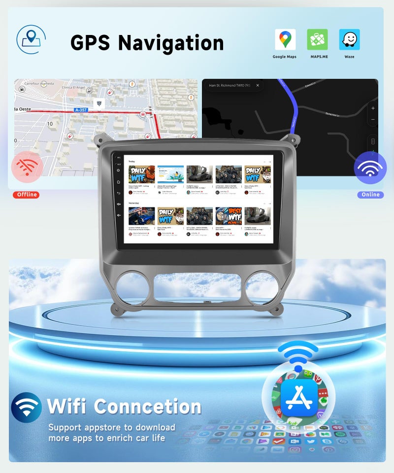 Podofo راديو سيارة بودوفو 10.1" 1280*720P IPS بشاشة تعمل باللمس أندرويد 13 لشيفروليه سيلفرادو و GMC سييرا 2014-2018 مع CarPlay/Android Auto اللاسلكي، GPS، WiFi، كاميرا DSP - Image 4