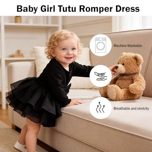 TENTIDE Baby Girl My Little Black Dress Romper Cotton Ruffle Long Sleeve Tutu Dress Birthday Party Fall Winter Clothes 0-24M(Black, 0-3 Months) - Image 3