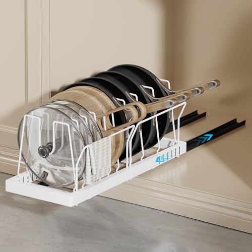 Magheo Pots and Pans Organizer Under Cabinet, 22" Deep Expandable Pull Out Pot Lid Organizer and Storage with 10 Adjustable Dividers No Drill Pot and Pan Holder Rack with Handle Bracket(1 Pack,White) - Image 1