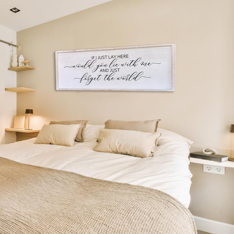 Surfapans If I Lay Here Would You Lie With Me Wall Decor Sign 40â€X15â€ Master Room Bedroom Above Bed Large Farmhouse Inspirational Quotes Minimalist Wood Framed Over Bed Wall Art Decoration (White) - Image 4