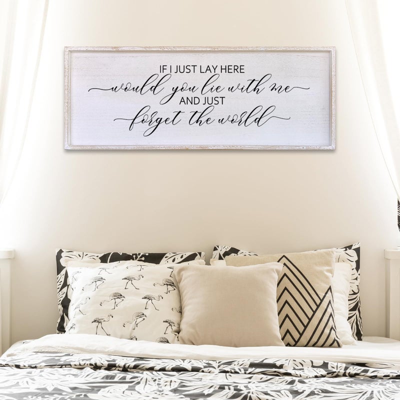 Surfapans If I Lay Here Would You Lie With Me Wall Decor Sign 40â€X15â€ Master Room Bedroom Above Bed Large Farmhouse Inspirational Quotes Minimalist Wood Framed Over Bed Wall Art Decoration (White) - Image 1