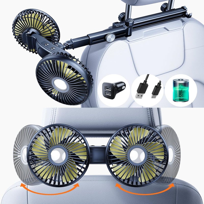 Nauttxon Battery Fan for Car Backseat with Retractable Long Arm, 360° Rotatable, 3 Speeds Control, Rechargeable with Car Charger & USB C Cable - Image 1
