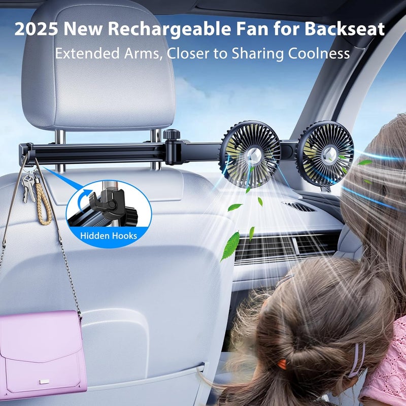 Nauttxon Battery Fan for Car Backseat with Retractable Long Arm, 360° Rotatable, 3 Speeds Control, Rechargeable with Car Charger & USB C Cable - Image 2