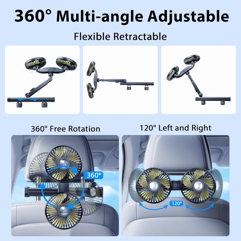 Nauttxon Battery Fan for Car Backseat with Retractable Long Arm, 360° Rotatable, 3 Speeds Control, Rechargeable with Car Charger & USB C Cable - Image 3