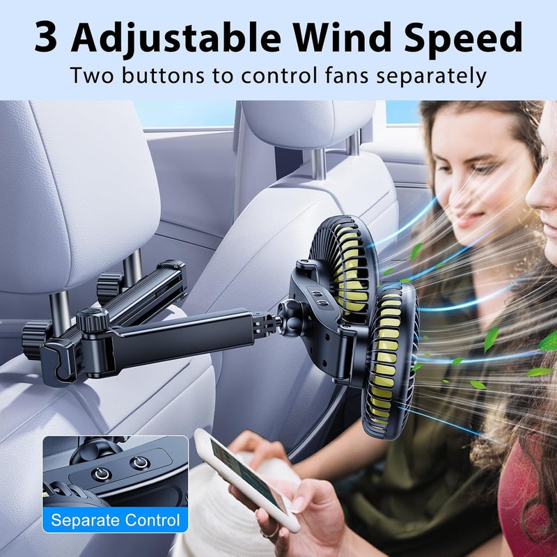 Nauttxon Battery Fan for Car Backseat with Retractable Long Arm, 360° Rotatable, 3 Speeds Control, Rechargeable with Car Charger & USB C Cable - Image 5