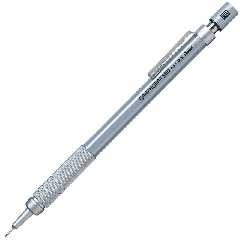 Pentel Pentel GraphGear 500 05 MM HB Mechanical Pencil Lead Of Grade HB Mini Interchangeable Eraser With Push Mechanism Silver Plated Swing Grip Pack Of 1 Silver PG515 - Image 1