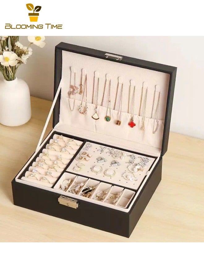 بلومنغ تايم صندوق مجوهرات مزدوج ، صندوق تخزين أقراط ، صندوق مجوهرات خاتم قلادة ، صندوق تغليف سوار ، صندوق تخزين مجوهرات أوروبي عالي الجودة سعة كبيرة متعدد الطبقات ، صندوق عرض مجوهرات ، أسود - Image 1