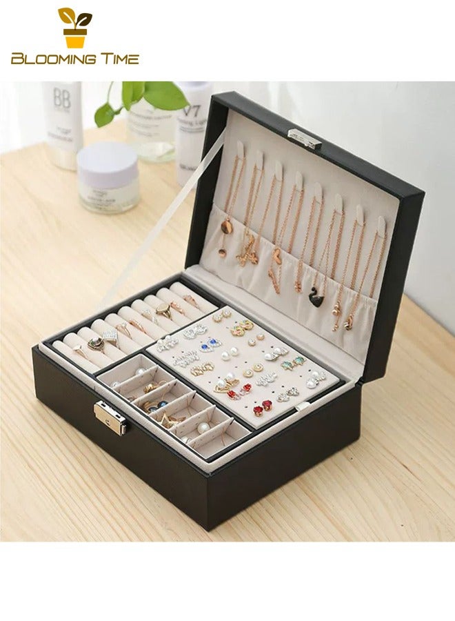 بلومنغ تايم صندوق مجوهرات مزدوج ، صندوق تخزين أقراط ، صندوق مجوهرات خاتم قلادة ، صندوق تغليف سوار ، صندوق تخزين مجوهرات أوروبي عالي الجودة سعة كبيرة متعدد الطبقات ، صندوق عرض مجوهرات ، أسود - Image 4