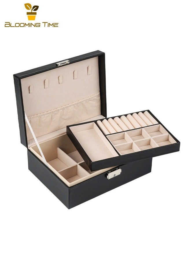 بلومنغ تايم صندوق مجوهرات مزدوج ، صندوق تخزين أقراط ، صندوق مجوهرات خاتم قلادة ، صندوق تغليف سوار ، صندوق تخزين مجوهرات أوروبي عالي الجودة سعة كبيرة متعدد الطبقات ، صندوق عرض مجوهرات ، أسود - Image 3