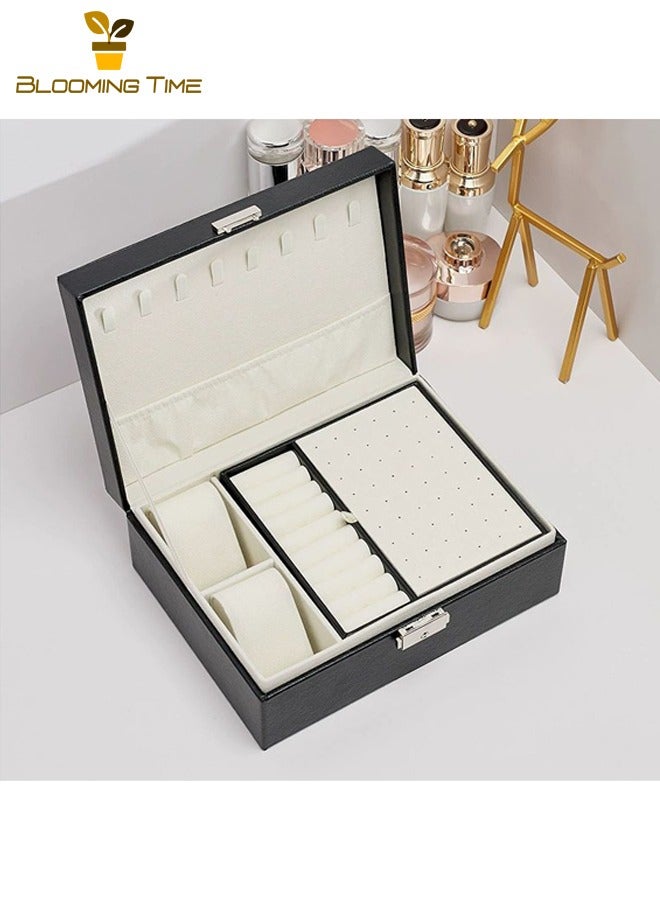 بلومنغ تايم صندوق مجوهرات مزدوج ، صندوق تخزين أقراط ، صندوق مجوهرات خاتم قلادة ، صندوق تغليف سوار ، صندوق تخزين مجوهرات أوروبي عالي الجودة سعة كبيرة متعدد الطبقات ، صندوق عرض مجوهرات ، أسود - Image 5