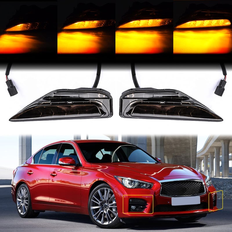 مجموعة مصابيح الضباب الديناميكية AUXMART لسيارة إنفينيتي Q50 سبورت 2014-2020، مصابيح إشارة الانعطاف LED برتقالية لمصد السيارة الأمامي لإنفينيتي Q50 2015 2016 2017 2018 2019