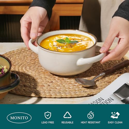 MONITO Ceramic Salad Bowl with Handles, 28 oz French Onion Soup Bowls, Ceramic Soup Bowls for Cereal, Pasta, Chilli, Beef Stew, Stackable Serving Bowl Set of 4 (28 OZ) - Image 4
