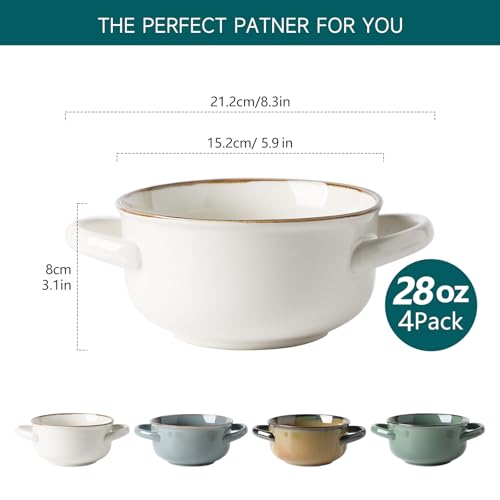 MONITO Ceramic Salad Bowl with Handles, 28 oz French Onion Soup Bowls, Ceramic Soup Bowls for Cereal, Pasta, Chilli, Beef Stew, Stackable Serving Bowl Set of 4 (28 OZ) - Image 2