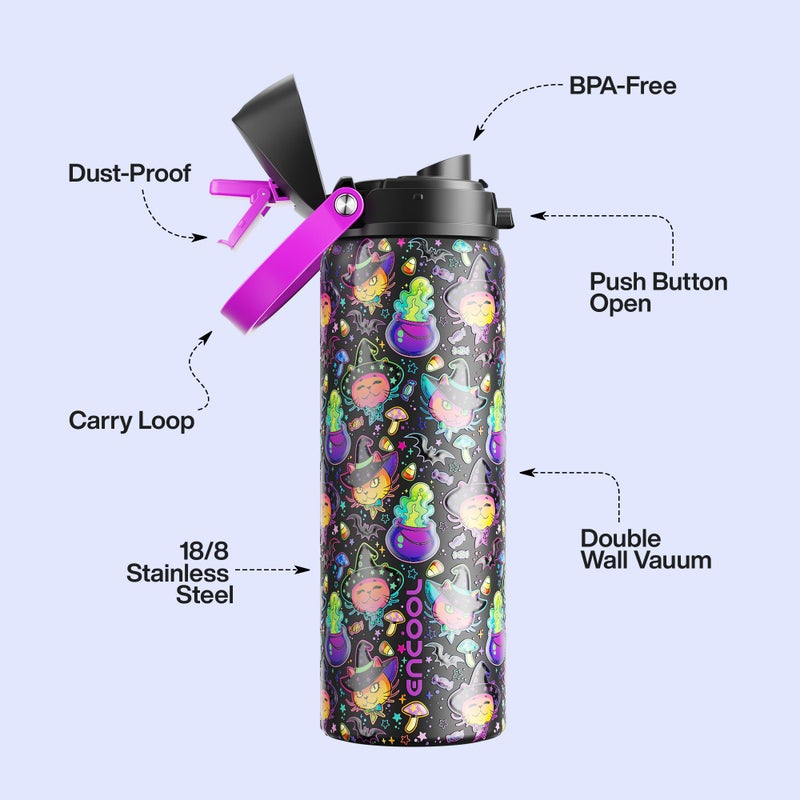 ENCOOL Insulated Water Bottle with Straw - Encool Stainless Steel Water Bottle with Push Button Lid, Leak-Proof & BPA-Free, Keeps Cold for 24 Hours for Sports, Travel, Gym (32 oz, Meowgic Night) - Image 3