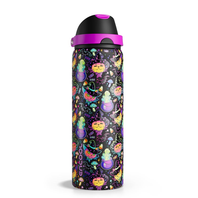 ENCOOL Insulated Water Bottle with Straw - Encool Stainless Steel Water Bottle with Push Button Lid, Leak-Proof & BPA-Free, Keeps Cold for 24 Hours for Sports, Travel, Gym (32 oz, Meowgic Night) - Image 1