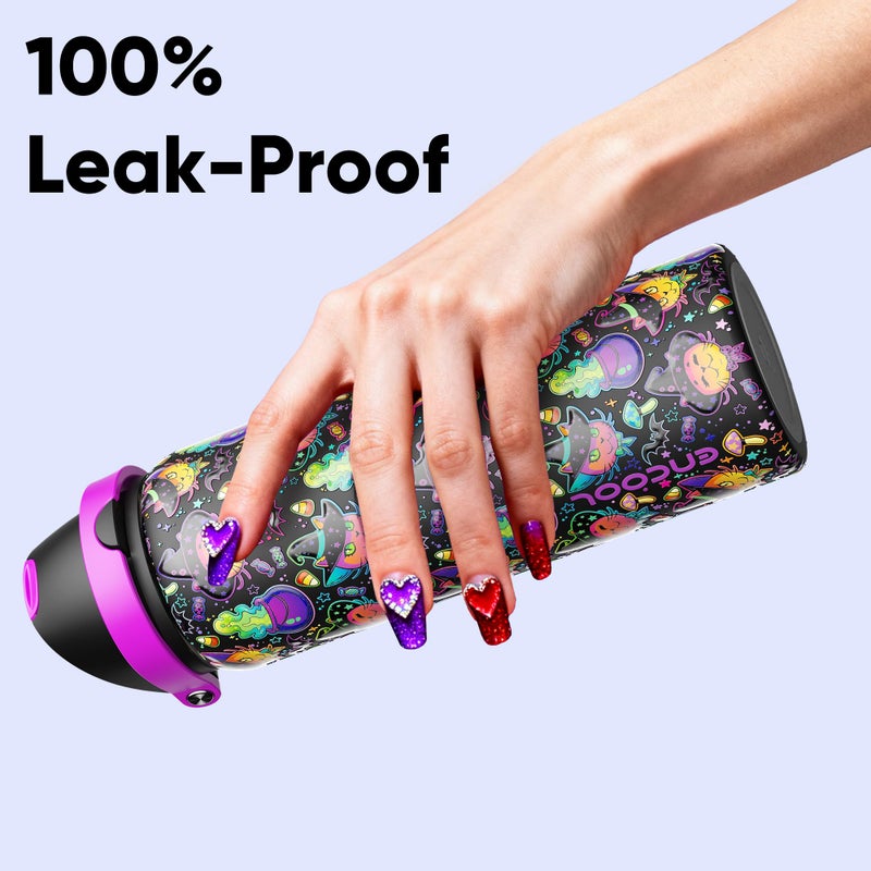 ENCOOL Insulated Water Bottle with Straw - Encool Stainless Steel Water Bottle with Push Button Lid, Leak-Proof & BPA-Free, Keeps Cold for 24 Hours for Sports, Travel, Gym (32 oz, Meowgic Night) - Image 4
