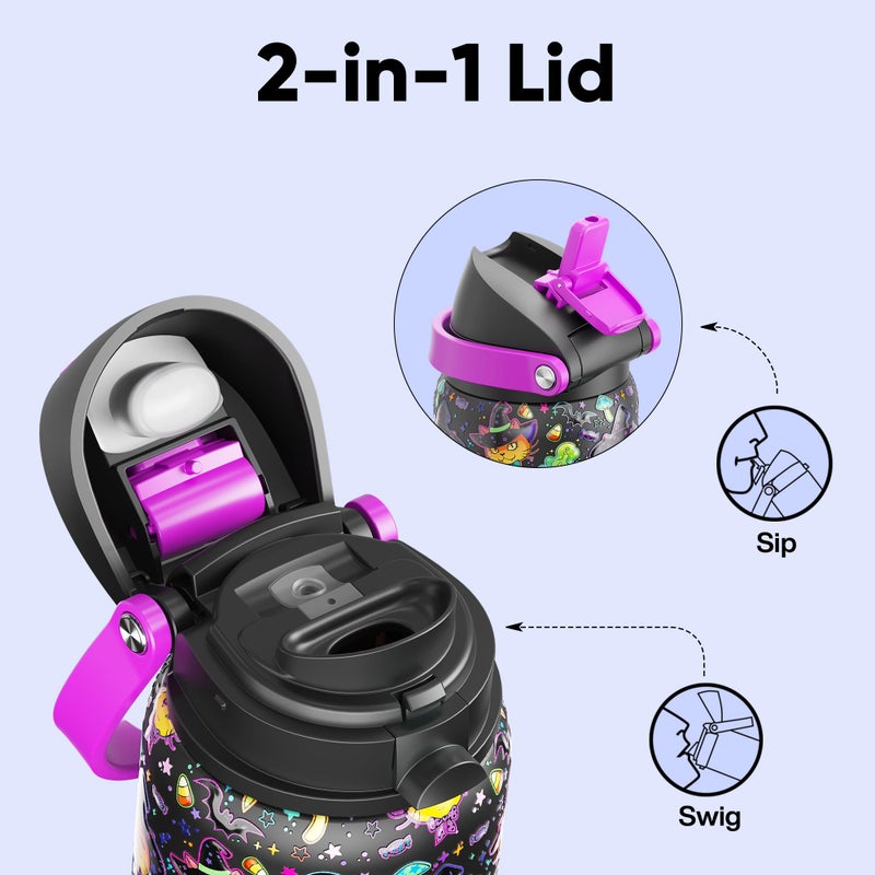 ENCOOL Insulated Water Bottle with Straw - Encool Stainless Steel Water Bottle with Push Button Lid, Leak-Proof & BPA-Free, Keeps Cold for 24 Hours for Sports, Travel, Gym (32 oz, Meowgic Night) - Image 2