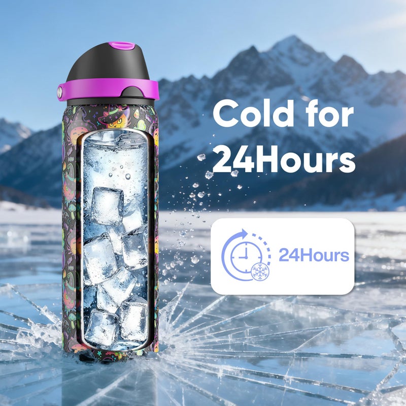 ENCOOL Insulated Water Bottle with Straw - Encool Stainless Steel Water Bottle with Push Button Lid, Leak-Proof & BPA-Free, Keeps Cold for 24 Hours for Sports, Travel, Gym (32 oz, Meowgic Night) - Image 5