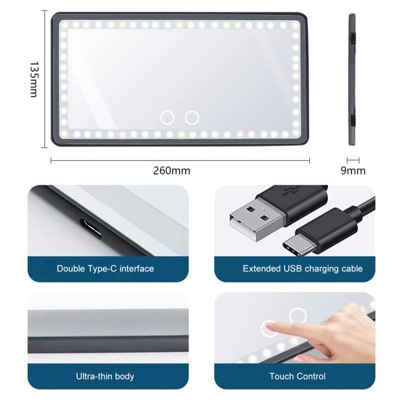 Rechargeable Car Sun Visor Vanity Mirror: 26*13.5*0.9cm Black, 3 Light Modes, Double Touch Control - 1500mAh Battery, Extended 1.8m USB Cable for Car Makeup Use - Image 5