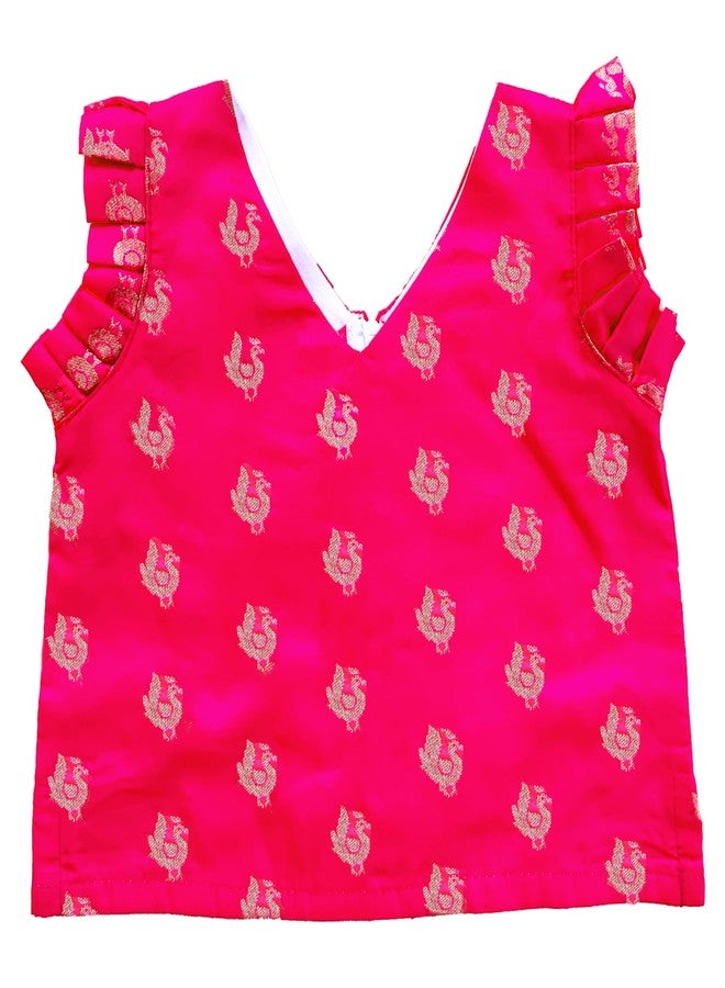 Stanwells Kids Lehenga Choli For Girls Floral Pattern Traditional Dress Ethnic Wear For Baby Girls Peacock Cotton Silk Kerala South Indian Pattu Pavadai Lehenga for Kids (Cream & Pink 4-5 Years) - Image 5