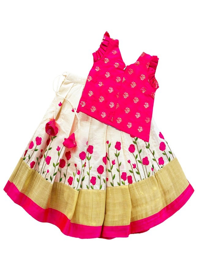 Stanwells Kids Lehenga Choli For Girls Floral Pattern Traditional Dress Ethnic Wear For Baby Girls Peacock Cotton Silk Kerala South Indian Pattu Pavadai Lehenga for Kids (Cream & Pink 4-5 Years) - Image 2
