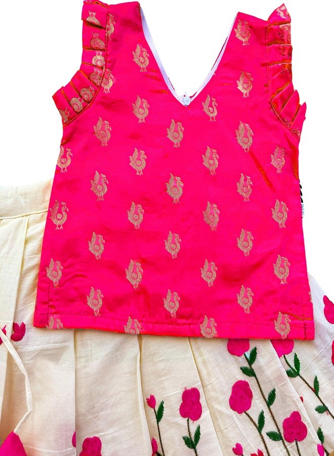 Stanwells Kids Lehenga Choli For Girls Floral Pattern Traditional Dress Ethnic Wear For Baby Girls Peacock Cotton Silk Kerala South Indian Pattu Pavadai Lehenga for Kids (Cream & Pink 4-5 Years) - Image 4