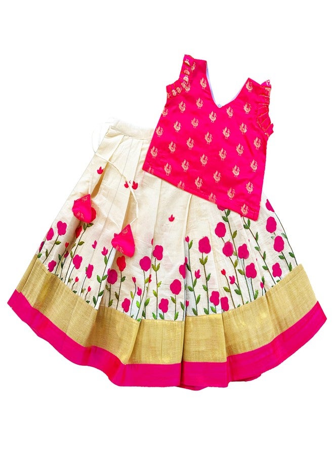 Stanwells Kids Lehenga Choli For Girls Floral Pattern Traditional Dress Ethnic Wear For Baby Girls Peacock Cotton Silk Kerala South Indian Pattu Pavadai Lehenga for Kids (Cream & Pink 4-5 Years) - Image 1