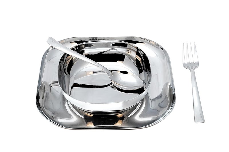 Va Sun 95 inch Square Stainless Steel LunchDinner Set 4 Piece Set Bowl Spoon Fork and Plate - Image 1