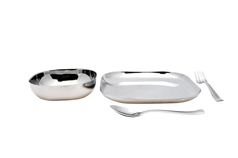 Va Sun 95 inch Square Stainless Steel LunchDinner Set 4 Piece Set Bowl Spoon Fork and Plate - Image 3