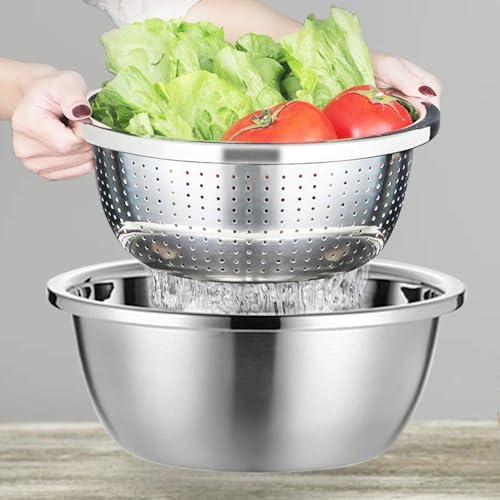 Annvchi Stainless Steel Colander, Metallic Sieve and Bowls, Dish Drainer with Bowl, Kitchen Sieves, Pasta Drainer, Salad Bowl Set, Stackable Colander Bowls in Steel (26 cm) - Image 3