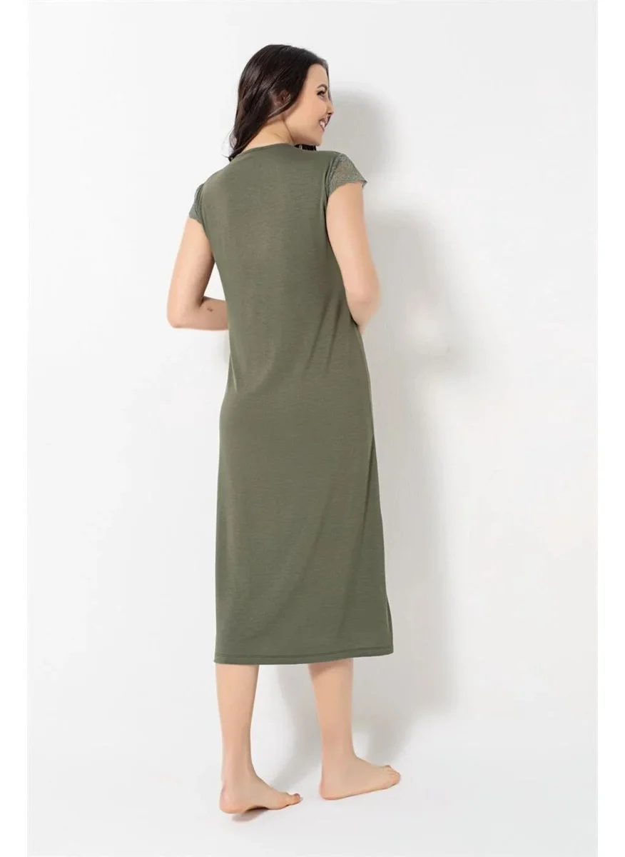 موناميسي Women's Khaki Lace Buttoned Collar Nightgown 18487