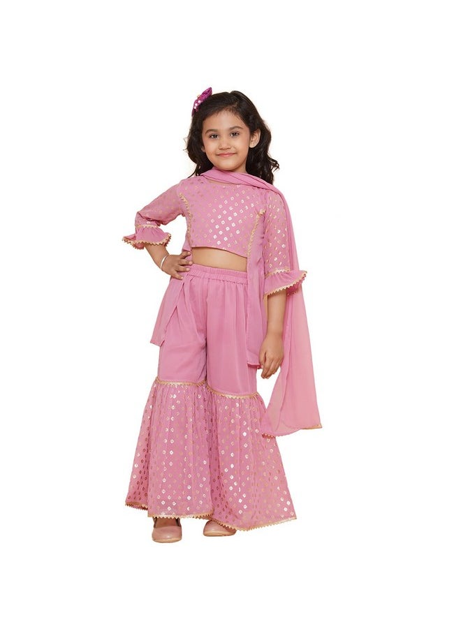 AJ Dezines - AJ DEZINES Georgette Kids Ethnic Wear Foil Printed Panelled Pink Kurta Sharara Set For Girls With Dupatta (G-1094-Pink-34), 10-11 Year - Image 1