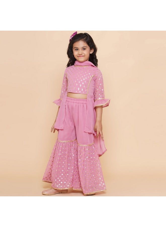 AJ Dezines - AJ DEZINES Georgette Kids Ethnic Wear Foil Printed Panelled Pink Kurta Sharara Set For Girls With Dupatta (G-1094-Pink-34), 10-11 Year - Image 1