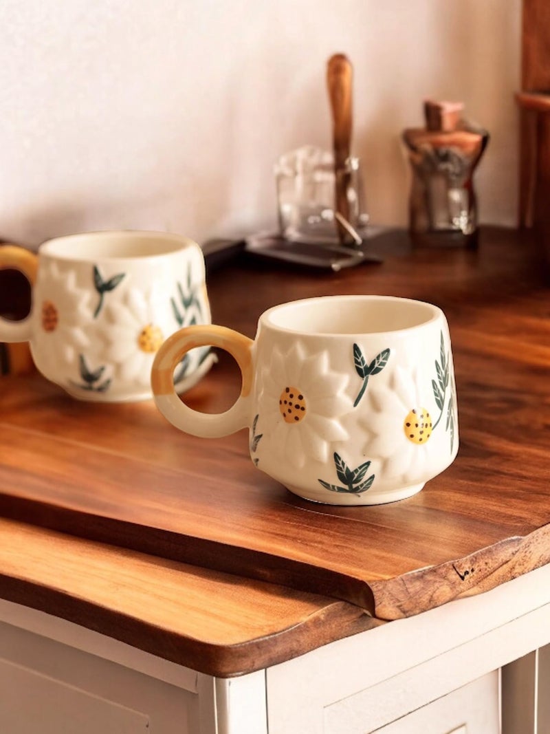 BACKKSPACE RETAIL Sun Flower Mug Set of 2 – 250ml Cream Mugs with Daisy Bloom Design | Perfect for Coffee or Tea Lovers | Microwave and Dishwasher Safe | Ideal for Home, Office, or Gifting - Image 1