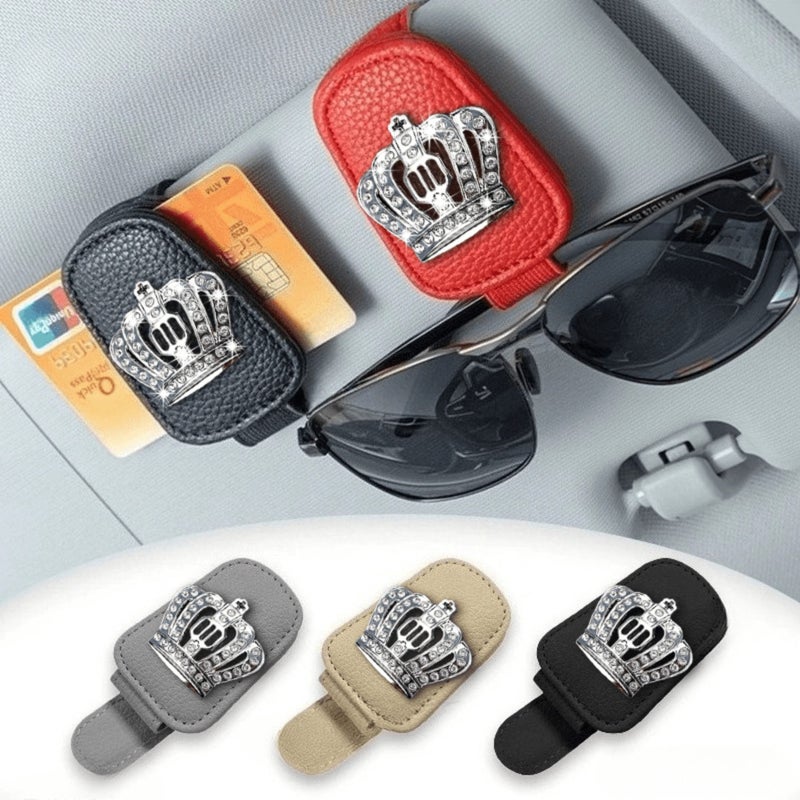 Black PU Leather Car Sun Visor Eyeglass Clip Crown Organizer With Rhinestone Details For Ticket And Card Storage - Image 5