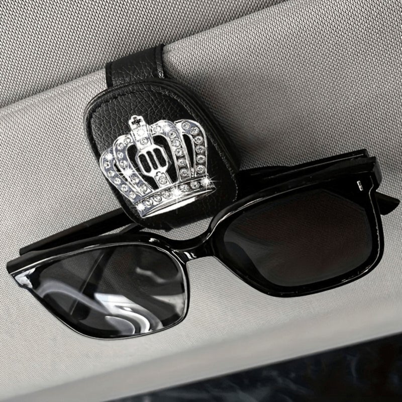 Black PU Leather Car Sun Visor Eyeglass Clip Crown Organizer With Rhinestone Details For Ticket And Card Storage - Image 1