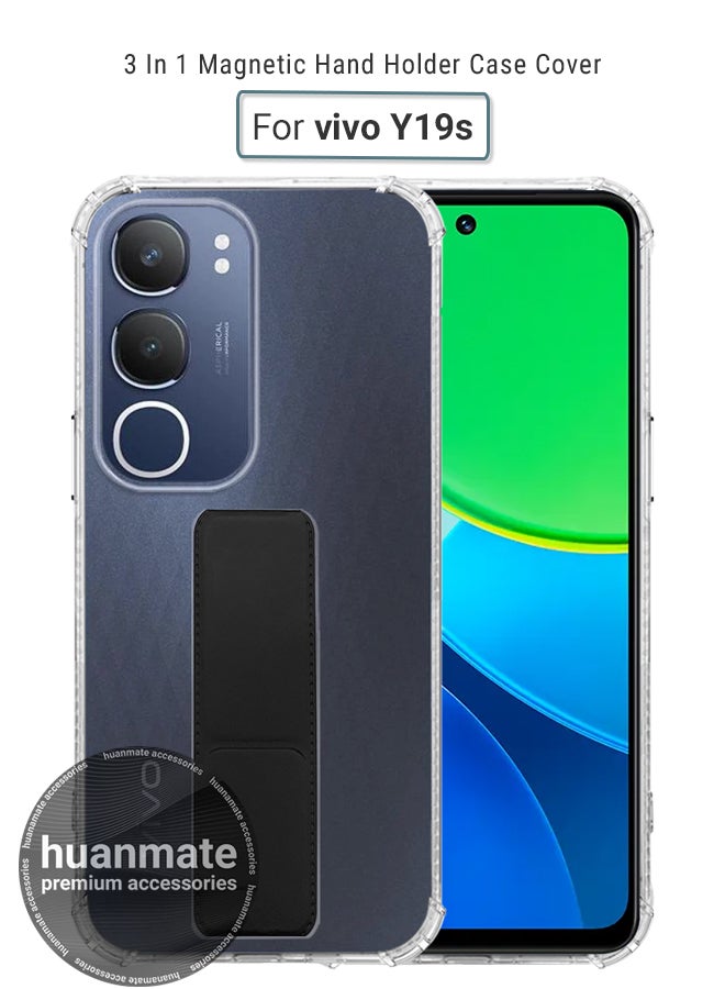huanmate Vivo Y19s Magnetic Case With Hand Grip Holder & Kickstand - Strong Grip for Magnetic Car Holder, Stylish & Functional, Ultimate Convenience & Hands-Free Viewing - Clear/Black - Image 1
