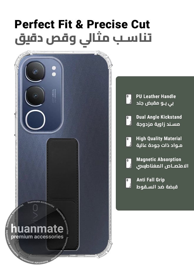 huanmate Vivo Y19s Magnetic Case With Hand Grip Holder & Kickstand - Strong Grip for Magnetic Car Holder, Stylish & Functional, Ultimate Convenience & Hands-Free Viewing - Clear/Black - Image 2