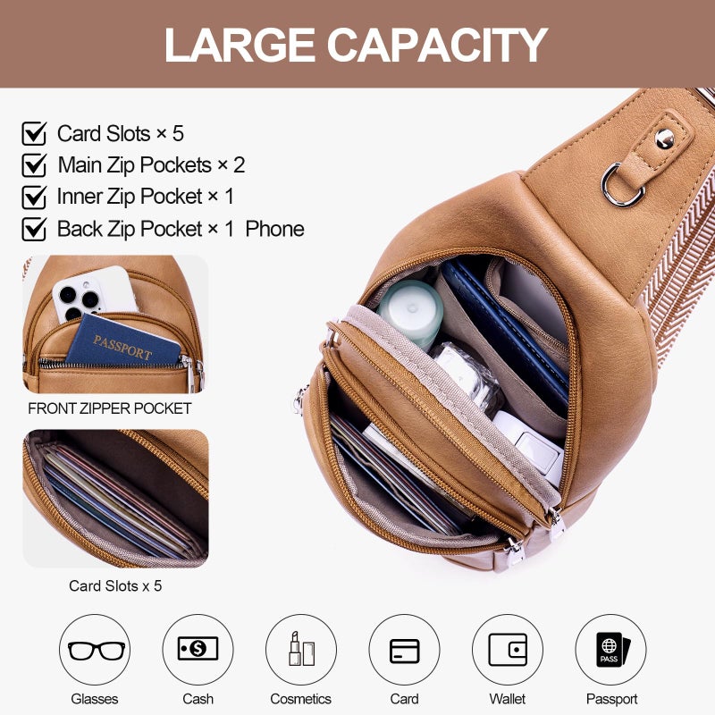 Lexiyat Anti Theft Crossbody Bags for Women Travel Chest Sling Bag Leather RFID Purse Fanny Pack Camel - Image 4