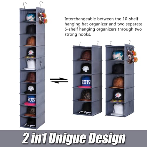 LADYBRO Baseball Cap Storage for Closet Hanging Hat Organizer Hat Rack 10-Shelf or 2 Pcs 5-Shelf, Trucker Dad Golf Cap Newsboy Container Display Hanger Holder Oxford Cloth Space Saver - Image 3