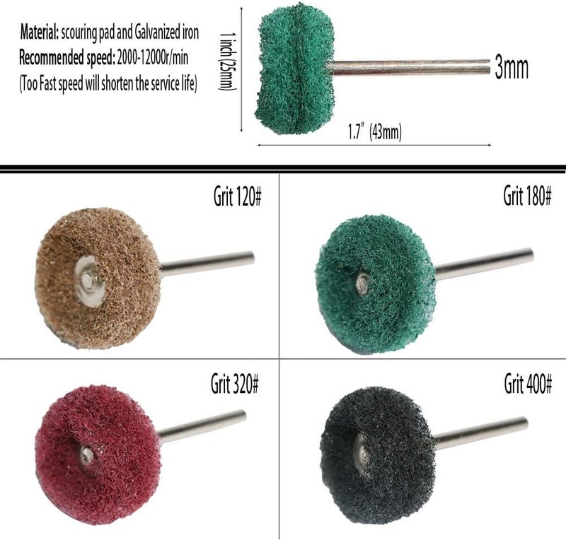 FPPO 50PCS Abrasive Buffing Polishing Wheel Set for Rotary Tool,Removal of Rust Deburring on Metal Surface with 3mm Shank,Mini scouring pad Brush Polishing kit(grit 180 Green 50pcs) - Image 2