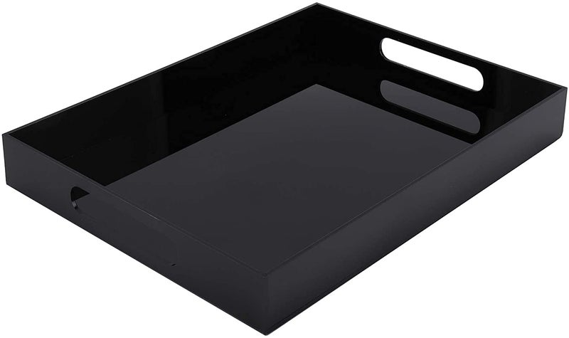 WUWEOT Acrylic Serving Tray 40 x 30cm Spill Proof Rectangle Tray with Handle for All Occasions Decorative Tray Organiser for Food Tea Breakfast Ottoman or Coffee Table Black