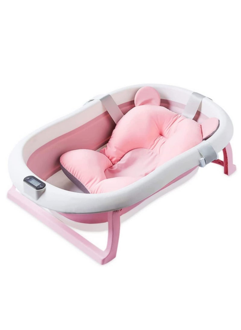 SKY-TOUCH - Baby Foldable Bathtub with Bath Mat Cushion and Thermometer, Portable Baby Bathtub with Drain Hole, Shower Basin with Non-Slip Support Leg for 0–6 Year Old Babies - Pink - Image 1